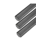 Three pieces of Hexagon Steel Bar 0.625 Inch By 12 Inch 3 Pack 12L14 Weldable Metal for DIY projects, angled view.