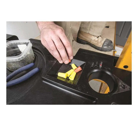Zero Hassle Heavy Duty Baker Tool Tray For Active Job Sites With Six Foot Tool Deck Space and Quick Rung Mount setup shows organized safety earplugs.