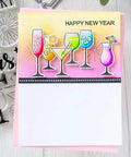 Card using Wine Glass Clear Stamp And Die Set For Card Making And DIY Embossing, featuring colorful glasses and 'Happy New Year' message.