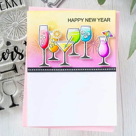 Card using Wine Glass Clear Stamp And Die Set For Card Making And DIY Embossing, featuring colorful glasses and 'Happy New Year' message.