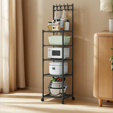 Five Tier Heavy Duty Storage Rack With Smooth Swivel Rolling Wheels Industrial Platform Shelving Unit For Garage Home Organization Rock Solid Rust Coated Steel Frame showcasing kitchenware and appliances.