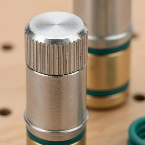 Self-Locking Table Stop Set For Workbench Holes close-up, non-slip 20mm crafting bench stop with metal and knurled top detail.
