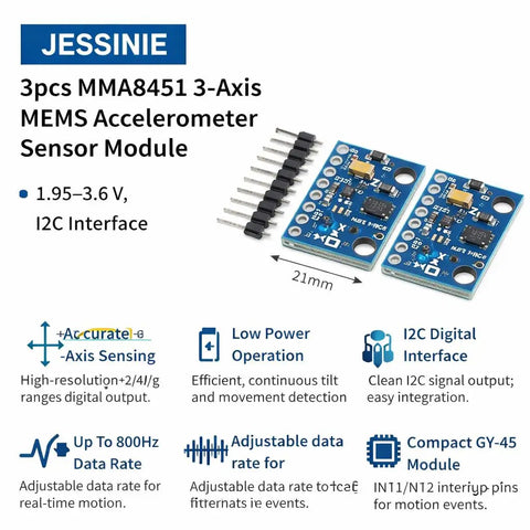 3 Pack MMA8451 3 Axis MEMS Accelerometer Sensor Module With I2C Interface 1.95 To 3.6V Range High Resolution Tilt And Orientation Sensing For Embedded Projects And Hobbyist Robotics, blue 21mm boards with headers