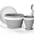 Collapsible Silicone Cup And Bowl Set For Camping Portable Ultralight Mess Kit with 950ml bowl, 200ml cup, stainless steel spoon visible.