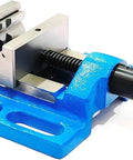 Unigrip Drill Press Vise 4 Inch Heavy Duty Cast Iron Machine Tool Vise, precision ground, blue finish, side angle view