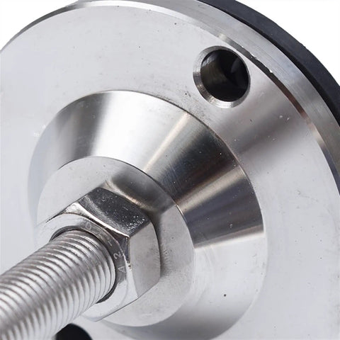 Close-up of Heavy Duty Leveling Feet with carbon steel threads and rubber grip for stability in workbenches.
