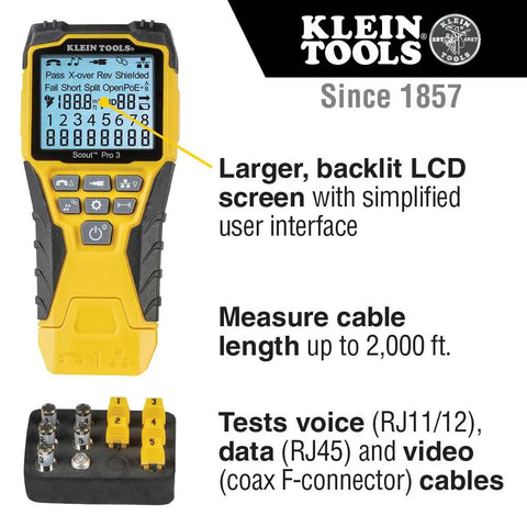 Versatile On The Go Cable Tester Kit With Scout Pro 3 showing LCD screen and remotes for voice, data, video cables measure