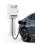 Universal EV Charger Station Cover With Drip Proof Weather Guard And No Fuss Cable Cleanup Plus Heavy Duty Combo Lock For Secure Underground Parking Lot Storage on a charging station next to a car.