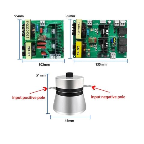 High Power 40KHz Ultrasonic Cleaner Kit for PCB Driver Boards and Circuit Boards With 60W Transducer, includes circuit board dimensions and transducer poles.