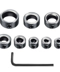Depth stop collar set for drill bits, 9-piece high-carbon steel with Allen wrench; multiple size collars