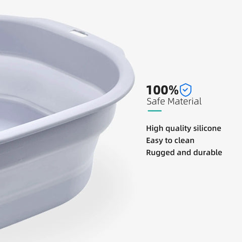 Close-up of a gray collapsible wash basin with text highlighting features. Collapsible Wash Basin Set 5L Foldable Dish Tub With Small And Medium Portable Sink Built For Kitchen And Camping RV Laundry And Baby Bottles BPA Free Plastic Gray.