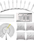 17 Pcs Guitar Luthier Tools Kit With Notched Radius Gauges And Understring Radius Gauges, 32 Blades Feeler Gauge, String Action Gauge, And Fingerboard Guards displayed