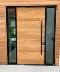 Front view of a wooden door with Stainless Steel Door Handle Bar Pull For Interior Exterior Doors And Sliding Barn Shower Glass Doors Modern Black Finish 60 Inch Flat Square Rectangle Style Fits Up To 3.3 Inch Thick Doors Easy Install