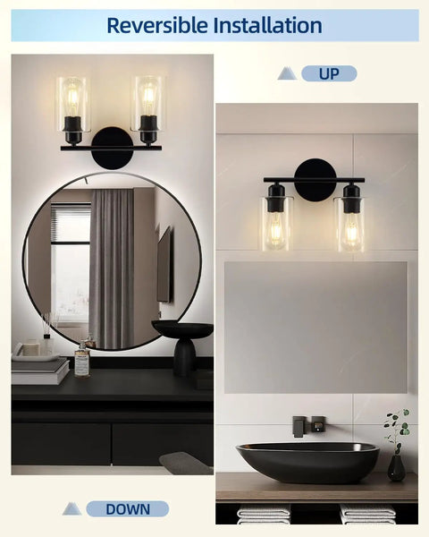 Snag This Top Shelf Matte Black Two Light Bathroom Vanity Fixture With Clear Glass Shades Solid Rust Resistant Construction Sconce installed above mirror and sink.