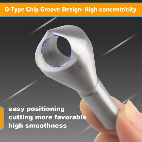 Close-up of Pro Grade Countersink Chamfer Drill Bit with O-type chip groove design for wood, metal, fiberboard, and plastic.