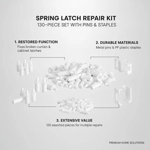 Spring Latch Repair Kit With Pins And Staples For Curtains Blinds And Cabinet Doors 130 Piece Set components displayed