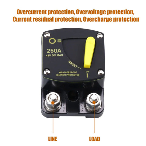 Heavy Duty 250 Amp DC Circuit Breaker For 12V To 48V Systems Waterproof Inline Holder With Manual Reset Switch Surface Mount