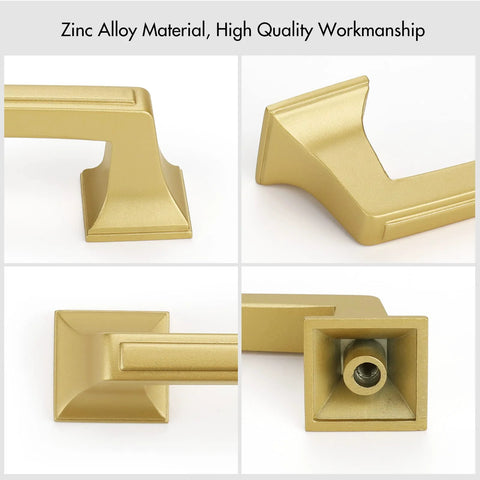 Close-up views of gold cabinet handles set 10 pack, 5 inch hole center, zinc alloy, showcasing rust resistant durable premium hardware.