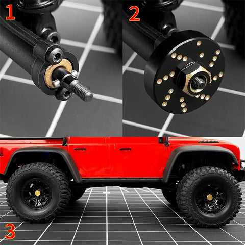 Collage of Beefy Brass Wheel Hex Hub Adapters and Extended Spacers on a red 1/18 RC Crawler, showing detail and assembly.