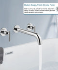 Long Reach Wall Mount Tub Filler With Two Level Handles Solid Brass High Flow Roman Tub Faucet 3 Hole Setup Rough In Valve Included Polished Chrome Built To Last with water flowing into a bathtub