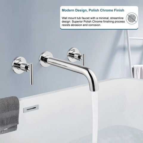 Long Reach Wall Mount Tub Filler With Two Level Handles Solid Brass High Flow Roman Tub Faucet 3 Hole Setup Rough In Valve Included Polished Chrome Built To Last with water flowing into a bathtub
