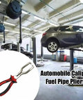 Heavy Duty Fuel Line Pliers For Chevy Volt Bolt Blazer Ev with red non-slip handles and forged steel jaws in garage setting.