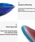 Slick Tempered Glass Vessel Bowls With Clean Striped Oval Shape For Your Modern Bathroom Vanity Counter Setup No Faucet Included Badass Scratch Proof Build And Smooth Top Shelf Finish, showcasing blue bowl with textured design.