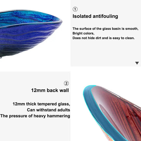 Slick Tempered Glass Vessel Bowls With Clean Striped Oval Shape For Your Modern Bathroom Vanity Counter Setup No Faucet Included Badass Scratch Proof Build And Smooth Top Shelf Finish, showcasing blue bowl with textured design.