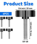 4 Pcs 1/4-20 x 1-1/4 Inch Thumb Screws With Black Wing Knob Stainless Steel Thread And Aluminum Knob size diagram.