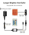 Diagram of 99 Ft 300 LED Copper String Lights with remote, showing plug, remote, UL adapter, and wiring details.