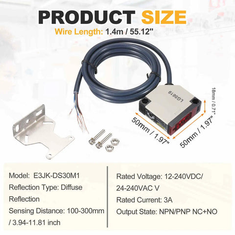 Go To Diffuse Reflection Photoelectric Sensor For Industrial Automation 12 To 240V DC Or 24 To 240V AC Five Line Detection Range 100 To 300mm NPN PNP NC And NO With Mounting Bracket, 50mm sensor