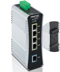 Industrial 4 Port Gigabit PoE Switch on DIN rail with 90W per port, IEEE 802.3af/at/bt, rugged for harsh environments.