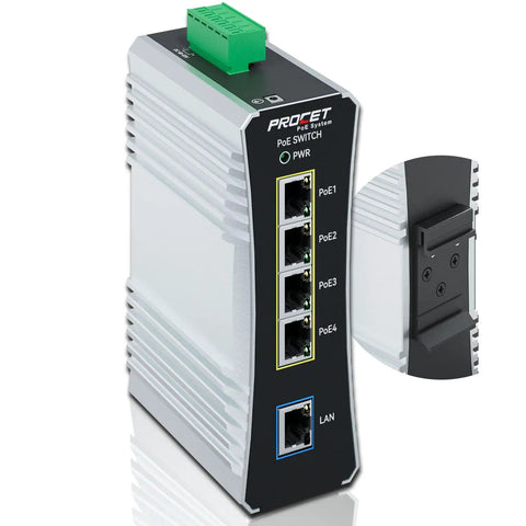 Industrial 4 Port Gigabit PoE Switch on DIN rail with 90W per port, IEEE 802.3af/at/bt, rugged for harsh environments.