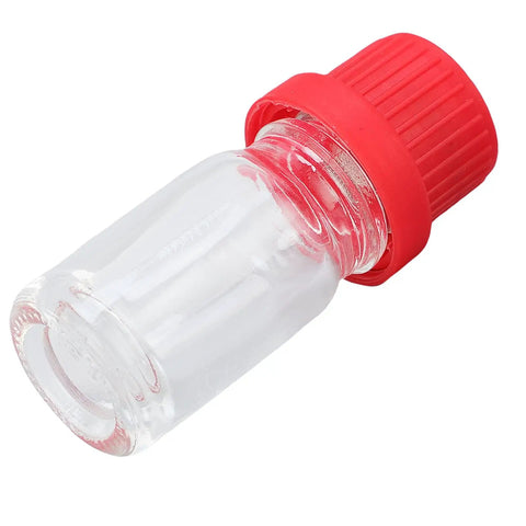 Glass Watch Lubricant Bottle With Mesh Basket for precision oil application and storage, clear glass with red cap.