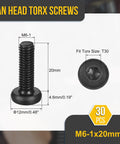 30 Pack M6 X 20 Millimeter Pan Head Torx Security Screws Black Carbon Steel T30 Drive, dimensions shown with measurements.