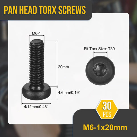 30 Pack M6 X 20 Millimeter Pan Head Torx Security Screws Black Carbon Steel T30 Drive, dimensions shown with measurements.