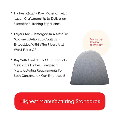 Premium Ironing Board Cover 19 X 49 Inches Made In Italy With Heat Reflective Silicone Pads showing quality and coating technology