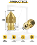 0.4mm Brass MK8 3D Printer Nozzle Set for Ender with size details and resistance features