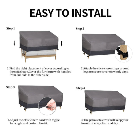 Installation steps for Outdoor Sofa Cover Heavy Duty Patio Furniture Loveseat Couch Bench Cover Windproof Durable Waterproof 70 Inch Wide By 38 Inch Deep By 35 Inch High Gray And Dark Gray Weatherproof Shield For All Seasons