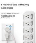 Six Outlet Power Strip Surge Protector with Individual Switches and 6 ft Cord, flat plug angle view against wall