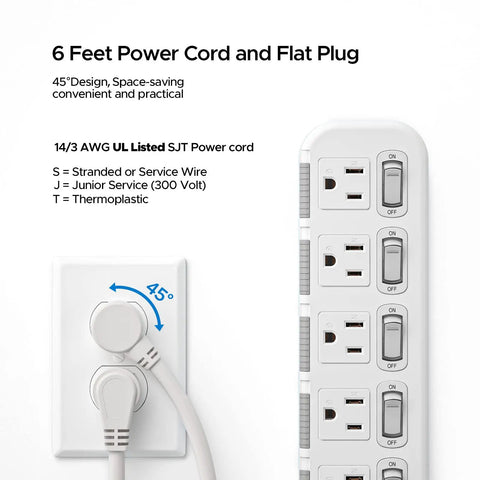Six Outlet Power Strip Surge Protector with Individual Switches and 6 ft Cord, flat plug angle view against wall