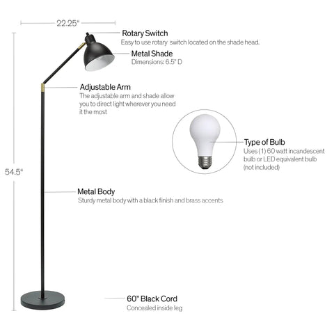 Diagram of Go To Modern Adjustable Floor Lamp For Living Room Bedroom And Office Black Standing Lamp With Bronze Accents 54.5 Inches Tall