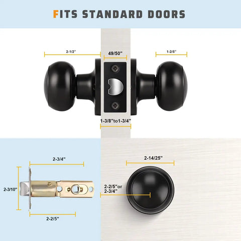 Matte Black Door Knob Set 6 Pack Round Interior Door Handles For Hallways And Closets Non Locking Passage Knobs With Durable Lockset Easy DIY Install And Quick Home Upgrade For Everyday Access diagram showing dimensions