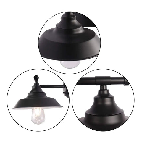 Three Light Bathroom Vanity Light With Industrial Vintage Farmhouse Rustic Style Black Matte Finish Wall Sconce Fixture close-up details.