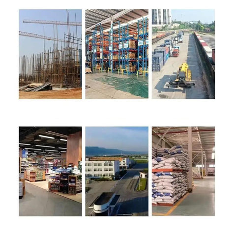 Collage of warehouse and construction scenes highlighting Heavy Duty Electric Lifting Elevator Mobile Lift Truck Folding Flatbed Cart.