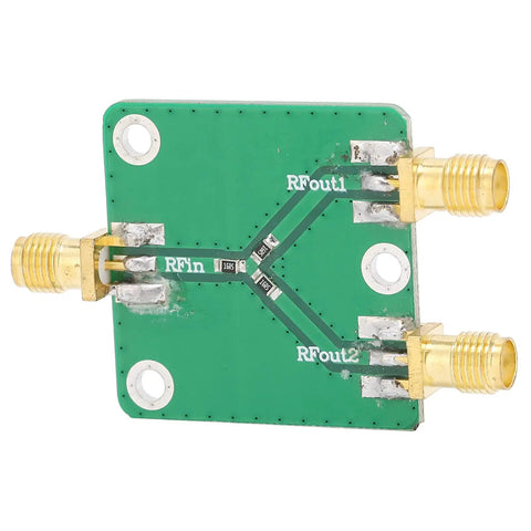Built To Last Two Way RF Power Splitter PCB Board DC To Five Gigahertz Frequency Range With Six Decibel Attenuation, green PCB with SMA connectors.