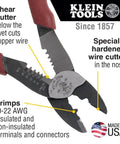Close-up of USA Made Wire Cutter, Stripper, and Crimp Tool with Shear Cutter, hardened nose, and crimping for 10-22 AWG terminals.