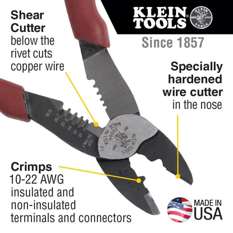 Close-up of USA Made Wire Cutter, Stripper, and Crimp Tool with Shear Cutter, hardened nose, and crimping for 10-22 AWG terminals.