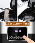 Person adding coffee grounds to Top Shelf Automatic Drip Coffee Maker And Espresso Brewer For Home Office With High Pressure Pump.