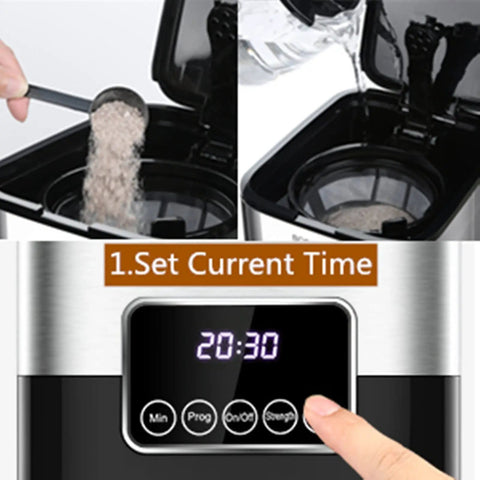 Person adding coffee grounds to Top Shelf Automatic Drip Coffee Maker And Espresso Brewer For Home Office With High Pressure Pump.